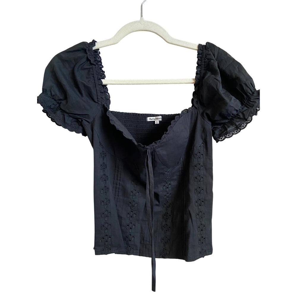 Reformation Black Eyelet Puff Sleeve Smocked Back Top Size 2